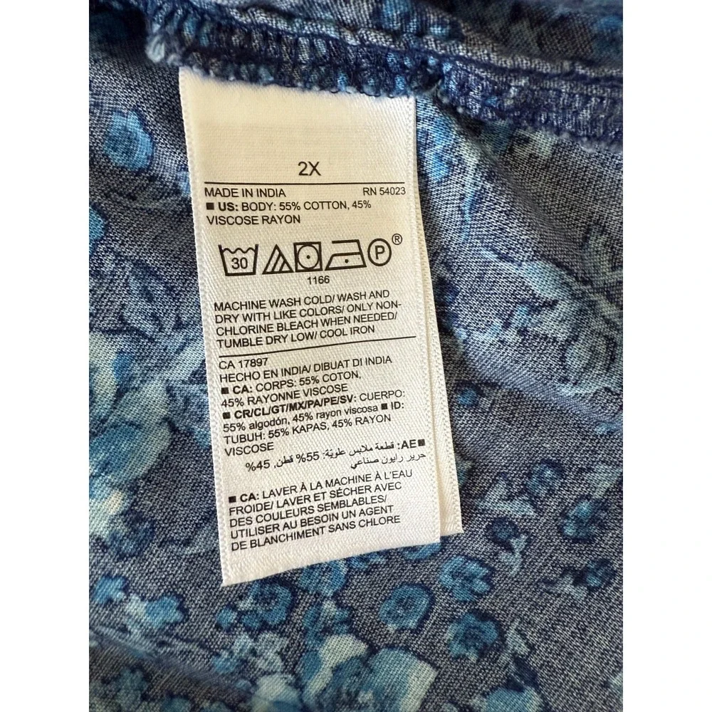 Old Navy Blue Floral Peasant Top 2X Square Neck Smocked Back Cotton Rayon Blouse